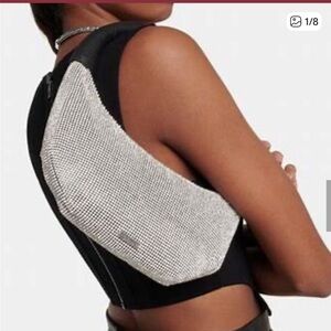 STAUD pepper crystal embellished bag jet black logo inside silver tone NWT